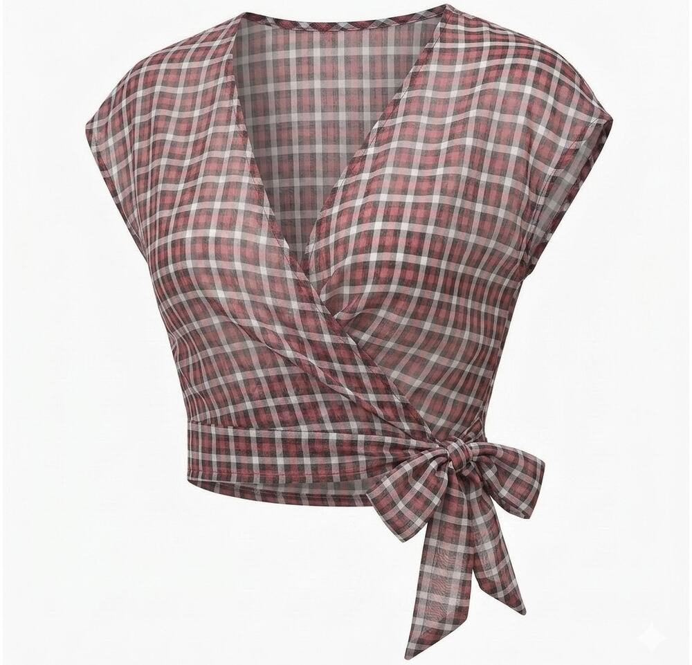 Halara Sheer Plaid Wrap Top Small (S) Pink White V-Neck Tie Waist NWT Casual